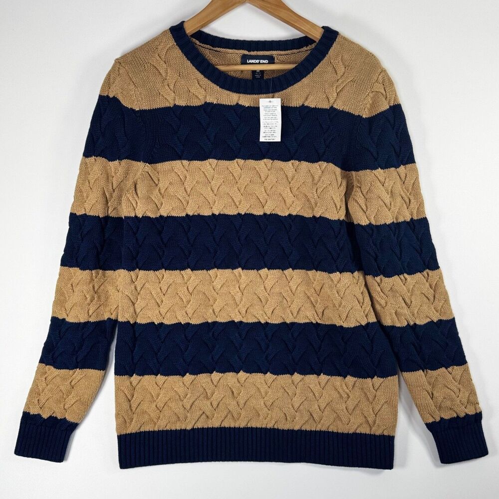 Lands End Women Drifter Sweater Medium Blue Tan Stripe Braided Cable Knit Preppy